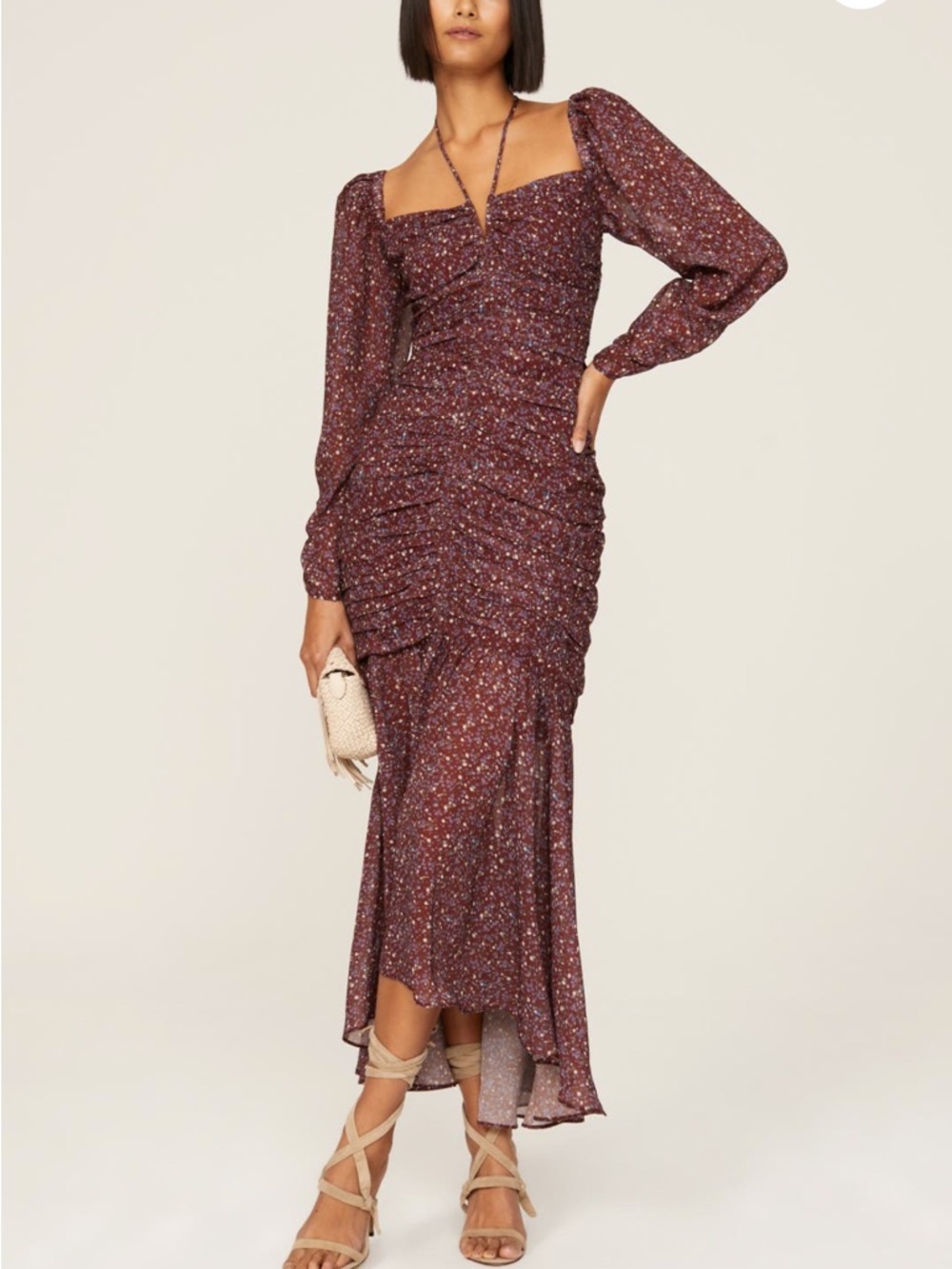 ASTR the Label Athena Dress Burgundy Long-Sleeve Ruched Drop Waist Medium